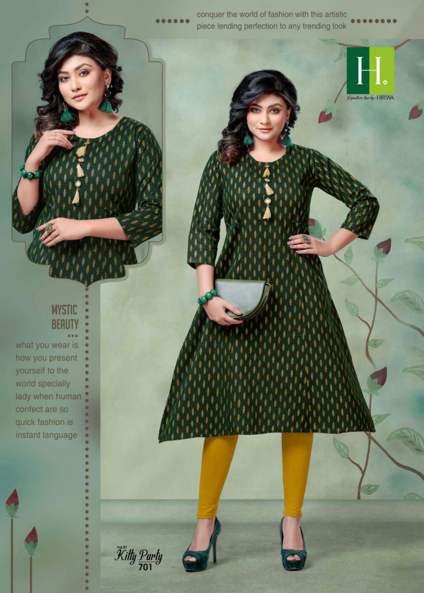 Hirwa Kitty Party 7.3 Latest Fancy Designer Casual Wear Ikkat Print Pure Cambric Cotton Flair Kurti Collection
