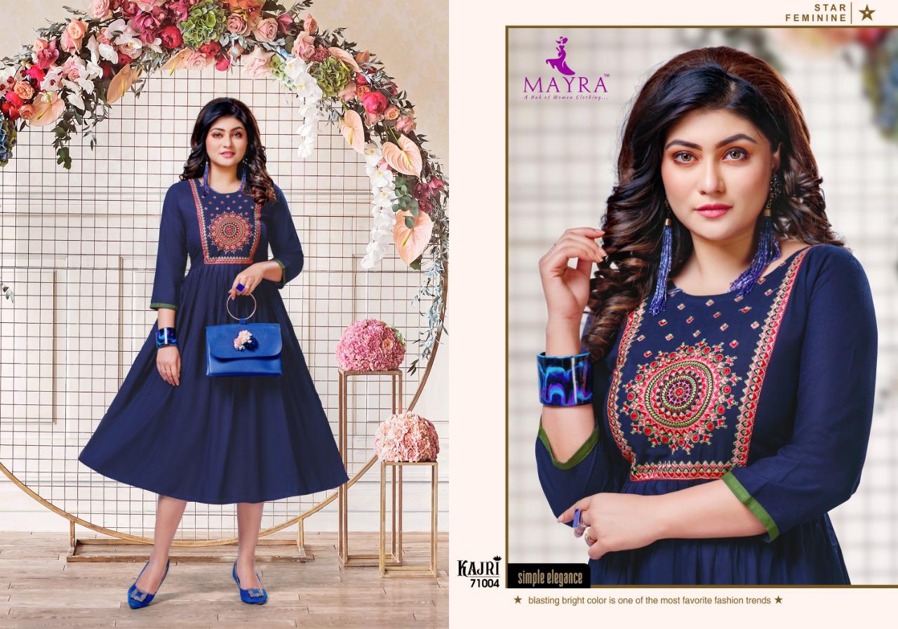 Mayra Kajri Latest Fancy Casual Wear Rayon Embroidery Work Anarkali Kurtis Collection
