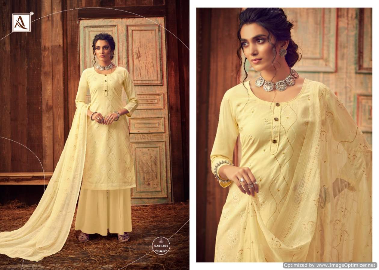 Alok Bloom Gold 3 Exclusive Casual Wear Pure Lawn Cotton Block Print With Khadi Handwork Designer Dress Material With Nazneen Chiffon printed Four Sided Lace Dupatta 