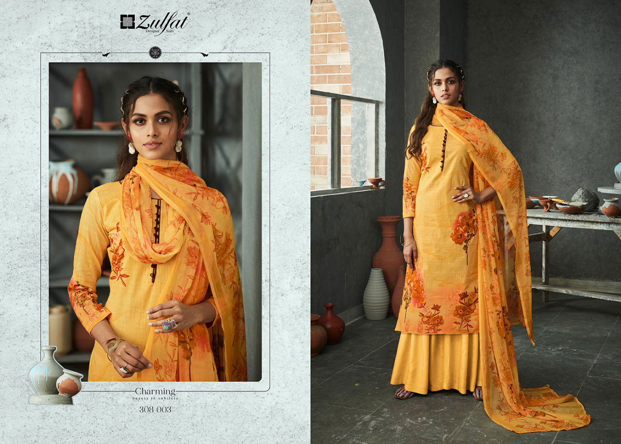 Zulfat Gulmohar 4 Designer Festive Wear Digital Print Top with four side lace Dupatta Pure cotton salwar Dress Material Collection