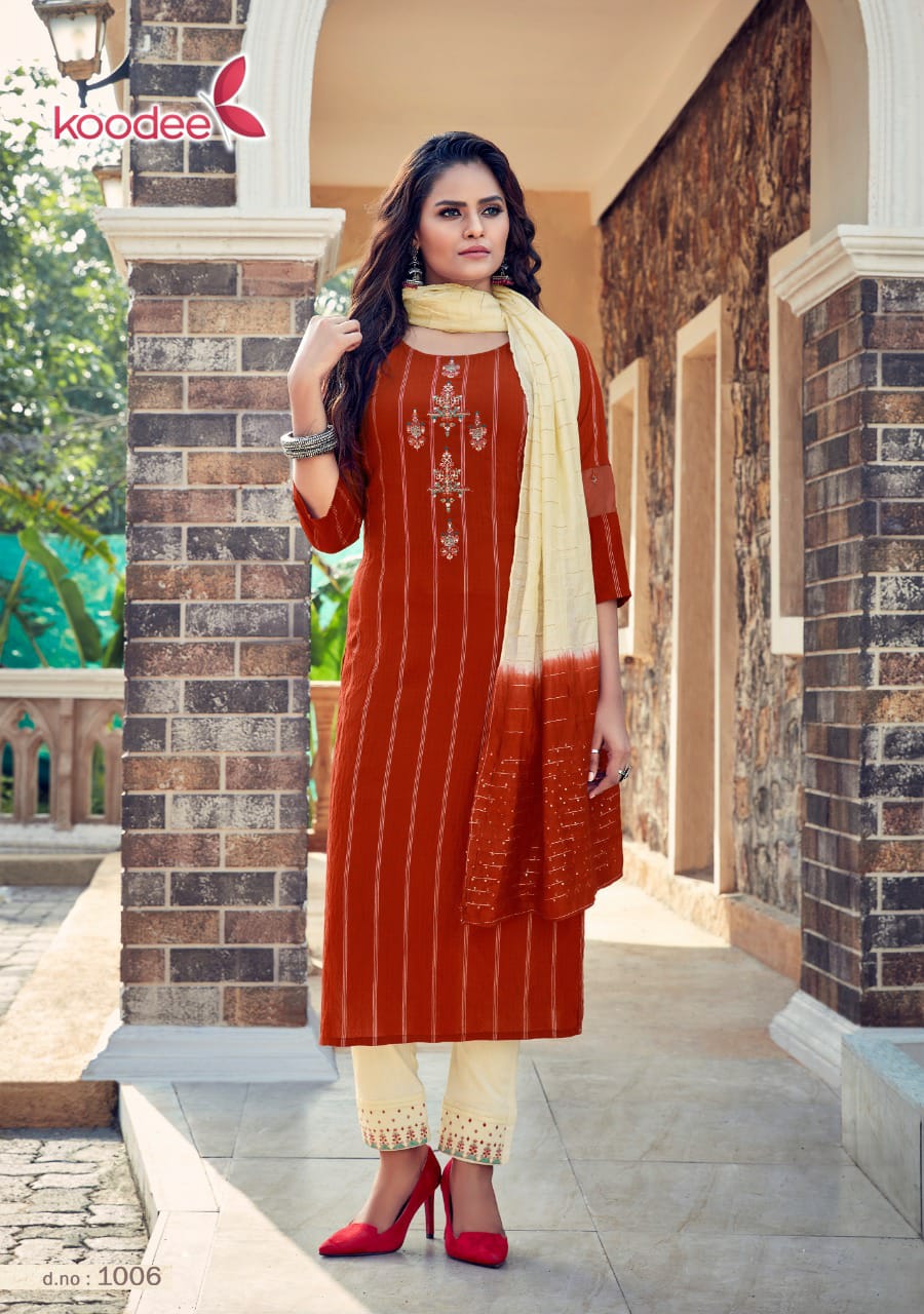 Koodee Saheli 11 Fancy Festive Wear Pure Nylon Viscose With Stripe Embroidered Ready Made Collection

