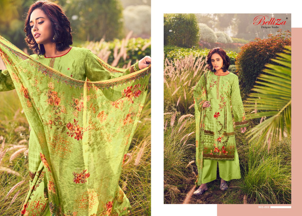 Belliza Rustic Garden Ethnic Wear Cotton Digital Print And Embroidery Work Top With Bemberg chiffon Dupatta Dress Materials Collection
