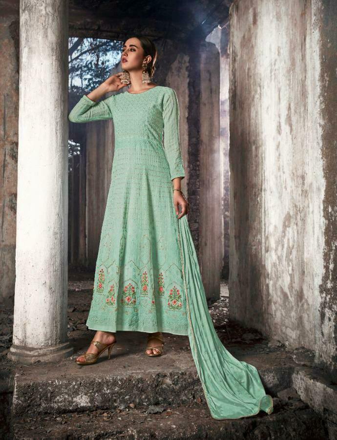 KARMA LATEST DESIGNER FOX GEORGETTE HEAVY EMBROIDERED LAKHNAVI TOP AND NAZNIN DUPATTA WITH STONE WORK COLLECTION