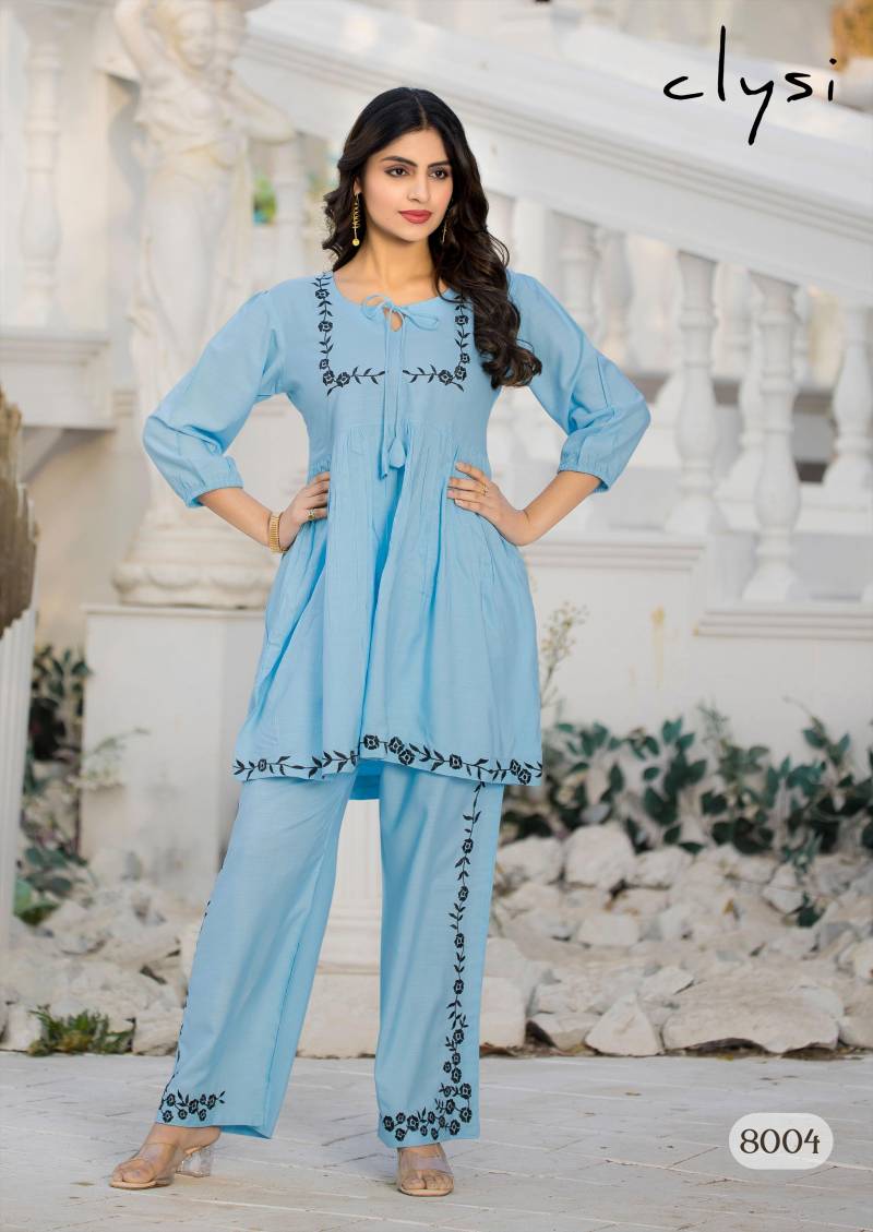 Clysi Rozella Rayon Slub Thread Work Co Ord Set Wholesale Market In Surat