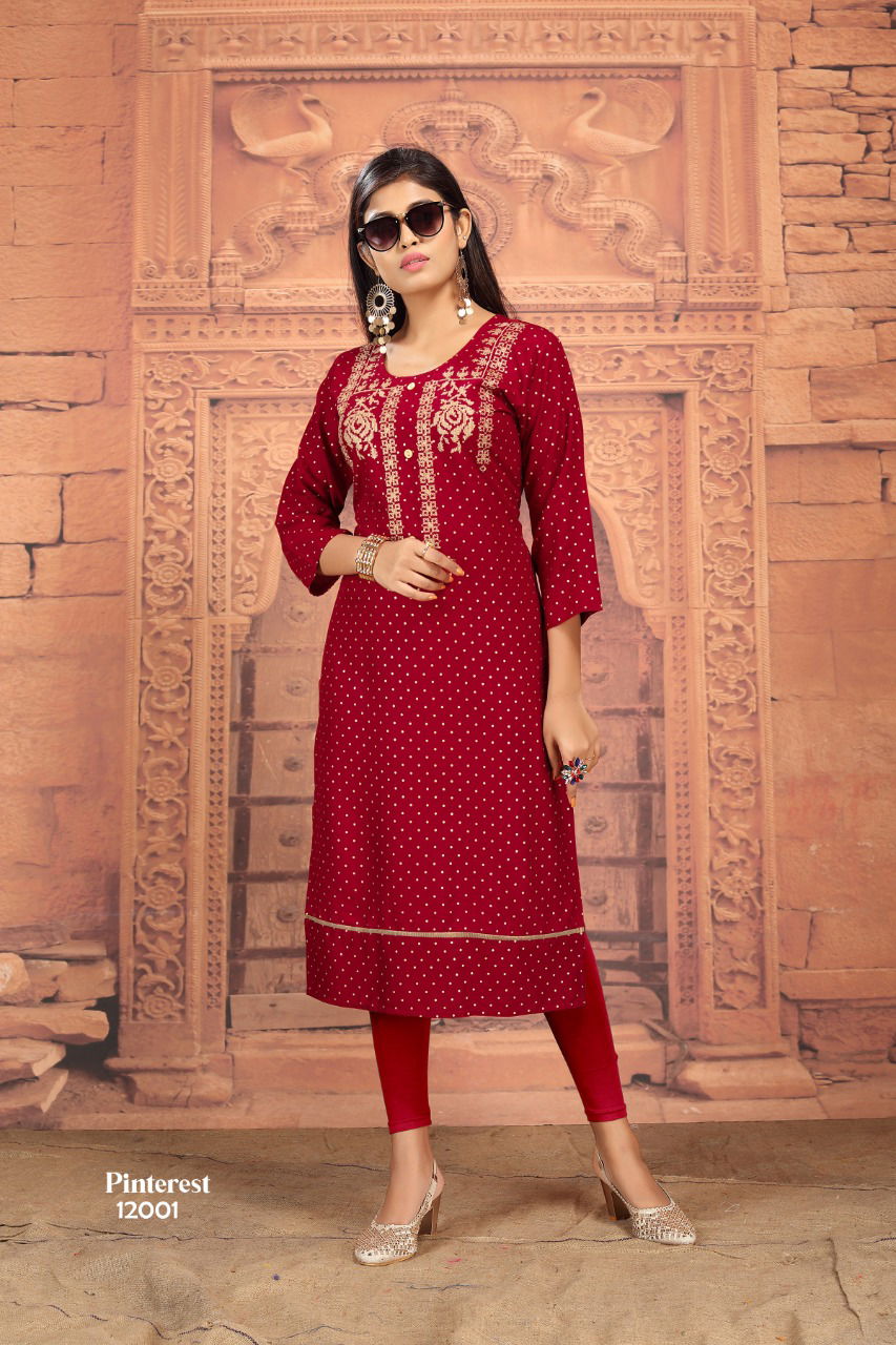 Pinterest Rayon Gold Buti with Embroider Designer Long Kurti Collection
