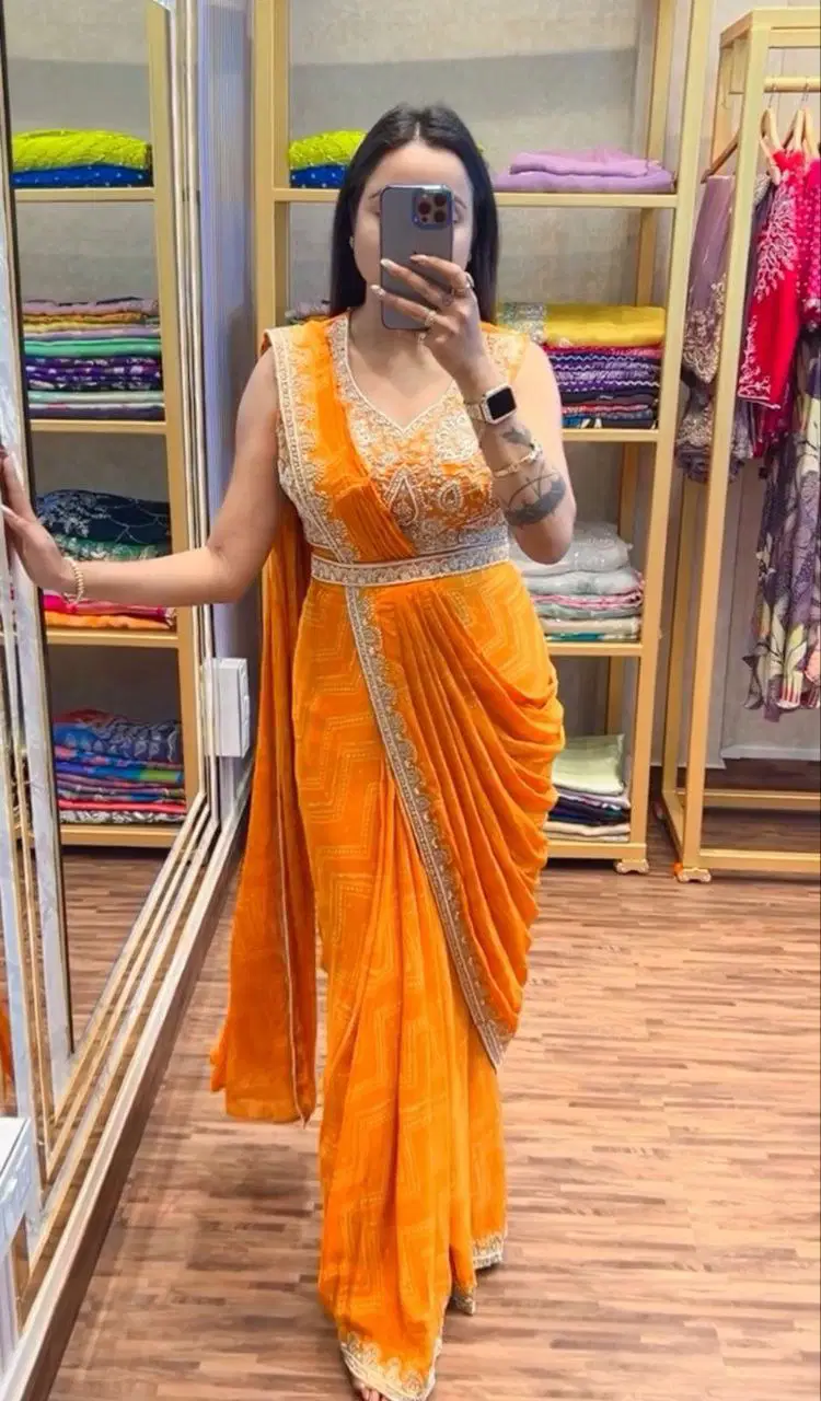 Bt 7089 Chinon Embroidered Ready To Wear Saree Exporters In India