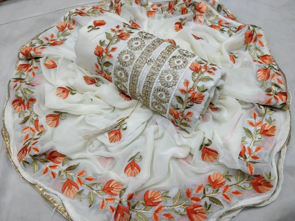 Chanderi Exclusive Designer Embroidered Dress Material With Najmin Embroidery Worked Four Sided Bordered Dupatta 