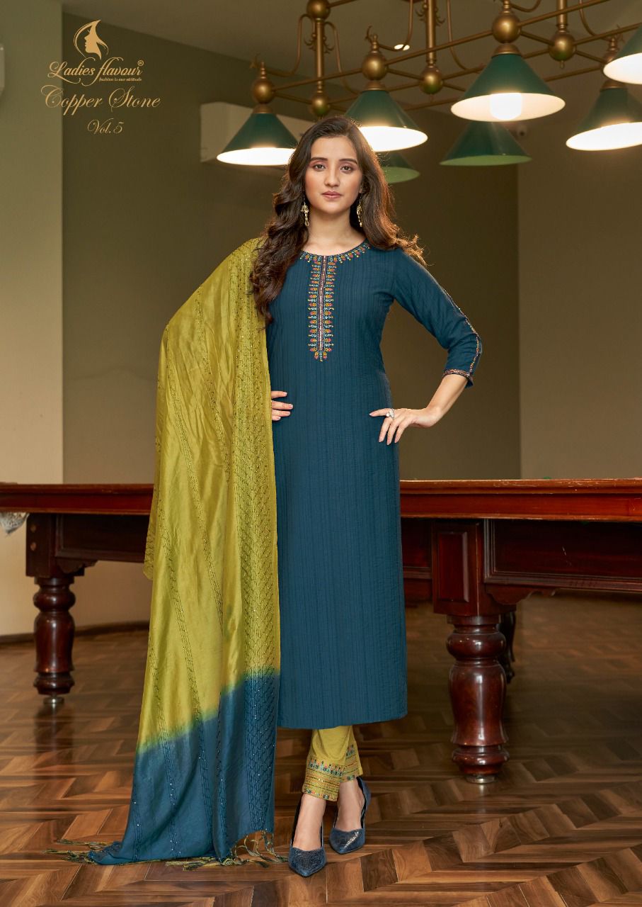 Ladies Flavour Copper Stone 5 Exclusive Designer Viscose With Embroidery With Khatli Work Readymade Collection
