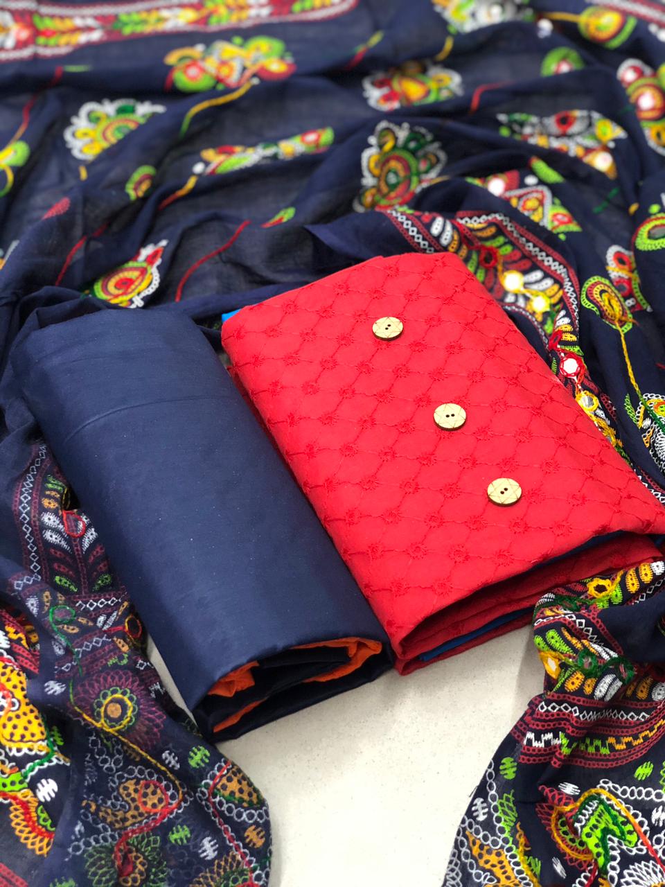 Chiffli Dress Materials 2 Casual Wear Colored Chiffli Cotton With Fancy Buttons Print With Colorful Dupatta Dress Material Collection