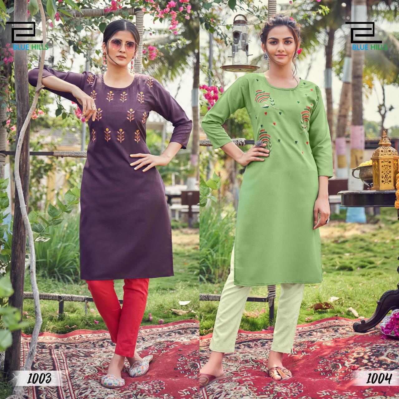 Blue Hills Instagram Latest Fancy Designer Casual Wear Slub Cotton Straight Embroidery Kurtis Collection
