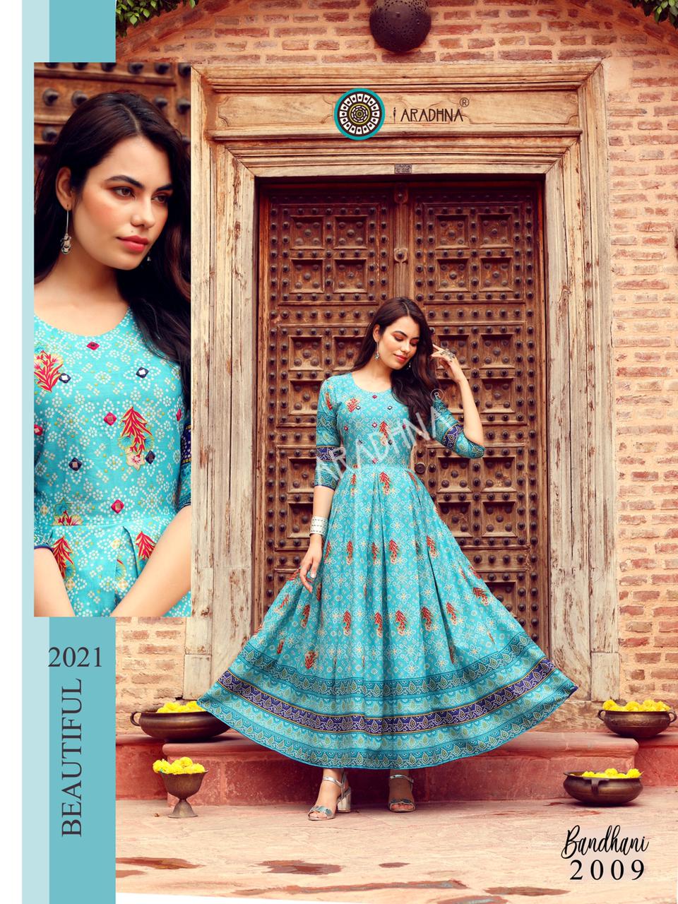 Aradhna Bandhani 2 Heavy Cotton Printed Festive Wear Anarkali Long Kurtis Collection
