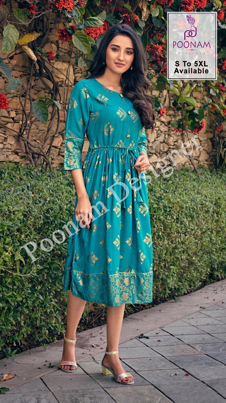 POONAM  DESIGNEE  FORUM Latest Fancy Designer Heavy Ethnic Wear Pure Rayon Foil Print Kurtis Collection