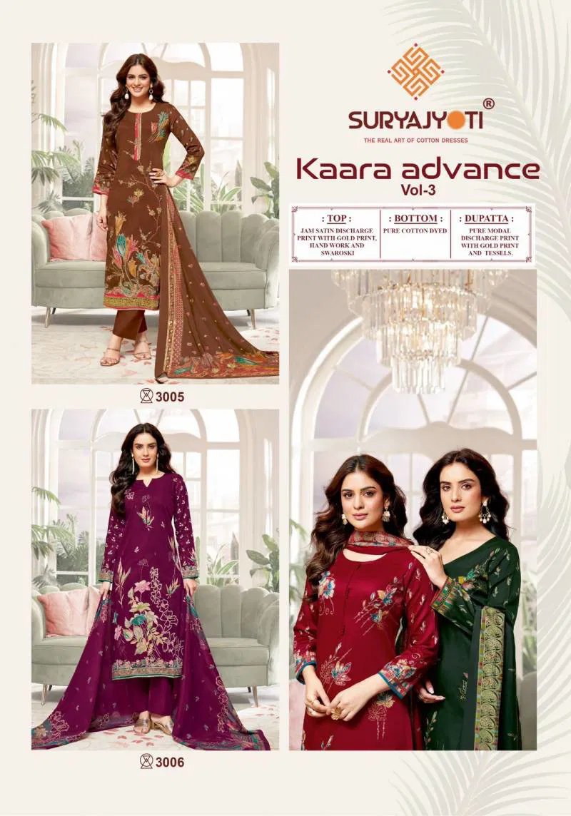 Kaara Advance Vol 3 By Suryajyoti Jam Satin Printed Dress Material Wholesale In India