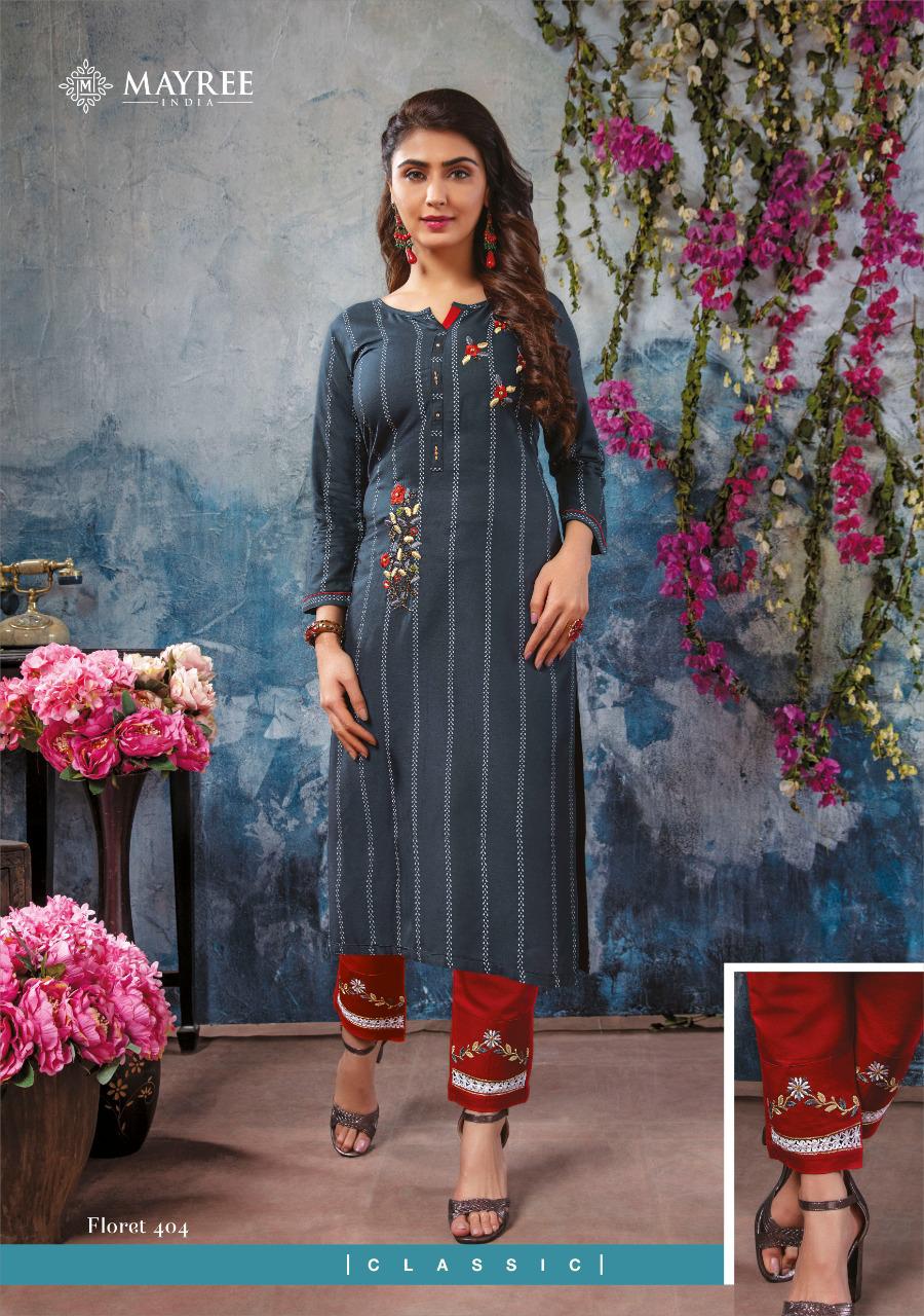 Mayree Floret 4 latest Fancy Designer Rayon Ethnic Wear Printed And Embroidery Worked Kurti With Bottom Collection