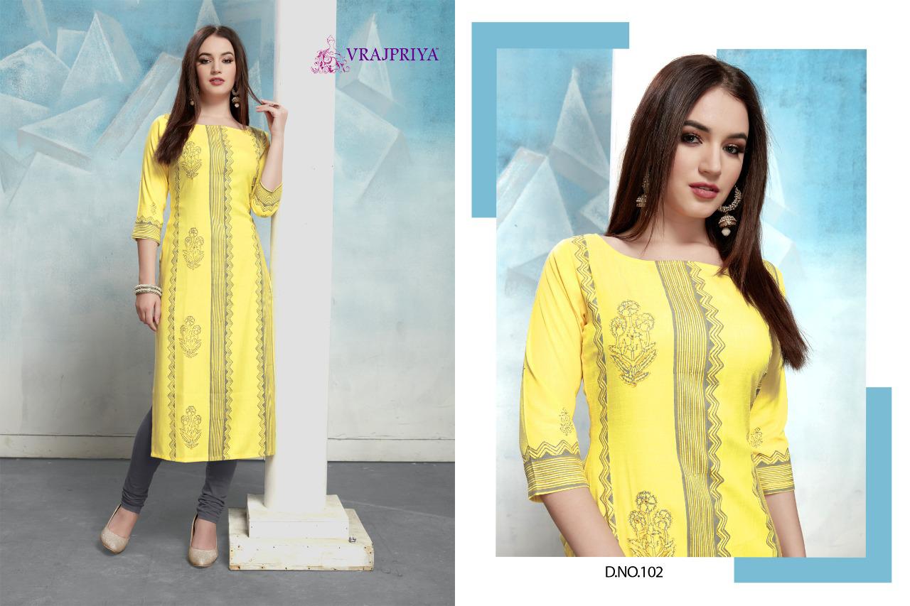 Vrajpriya Radhika 1 latest Designer Fancy Ethnic Wear Rayon Printed Designer Kurtis Collection

