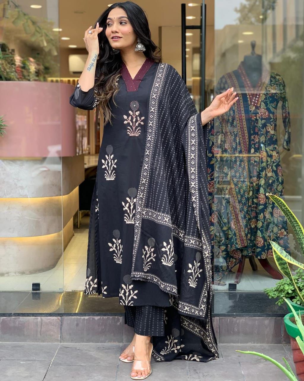 KF Black Kalaai Hand Block Printed Kurti With Bottom Dupatta Wholesale Online