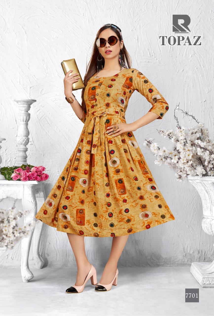 Raashi Topaz Latest Festive Wear Anarkali Style Heavy Rayon Printed Kurti Collection