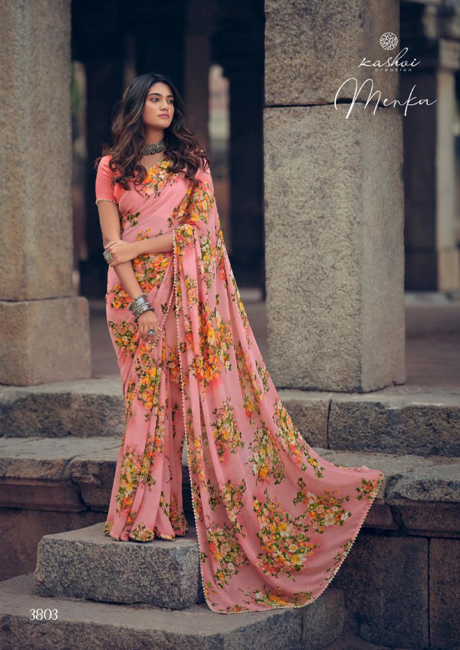 Kashvi Menka Latest Fancy Designer Festive Wear Silk Weightless Floral Chiffon Saree Collection
