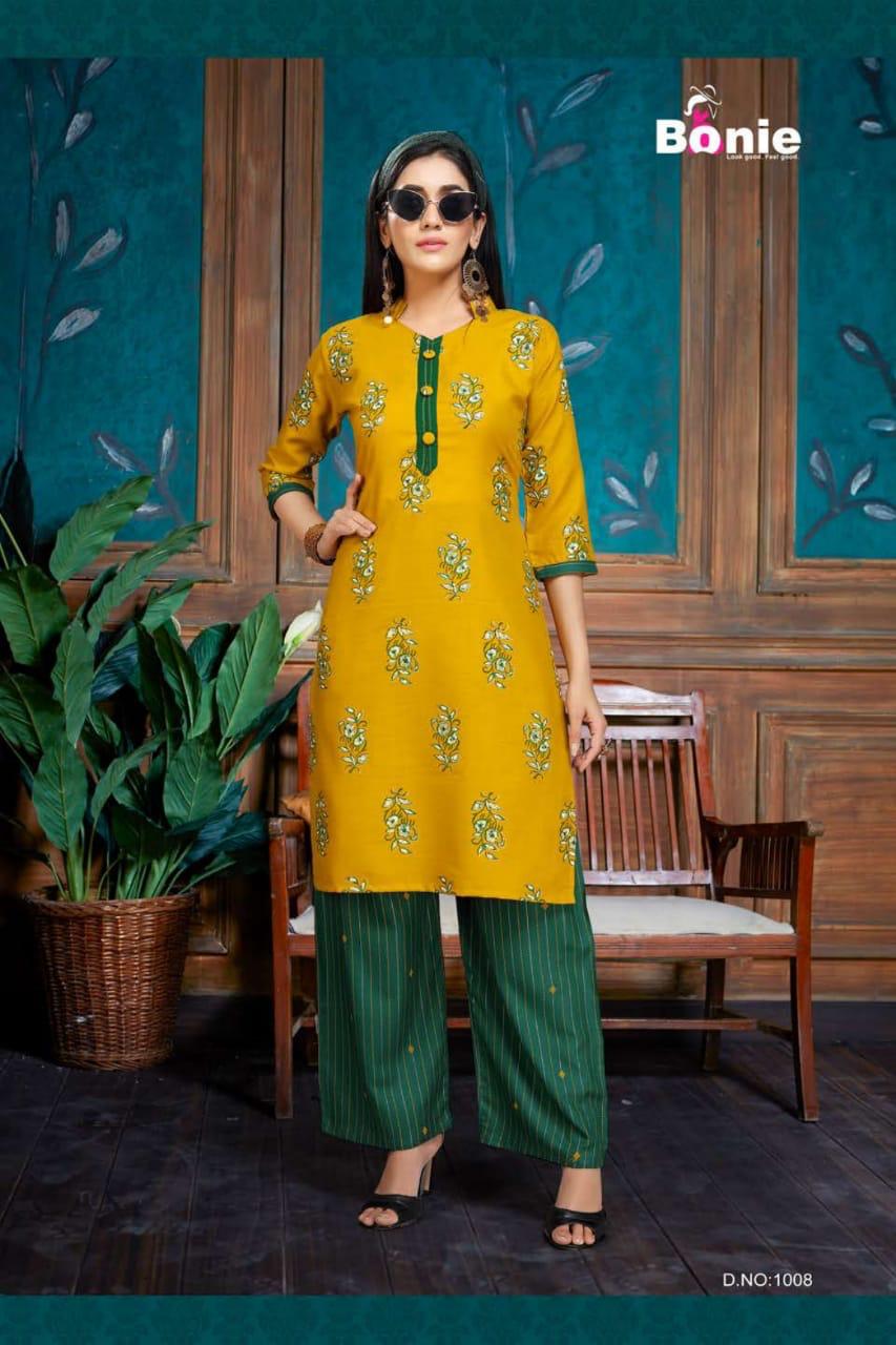 Bonie Plazo Lady Latest Fancy Regular Wear Rayon Printed Kurtis With Bottom Collection