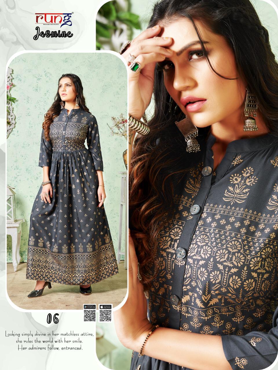 Rung Jasmine Latest Fancy Designer Casual Wear Rayon Gold Print Long Kurtis Collection
