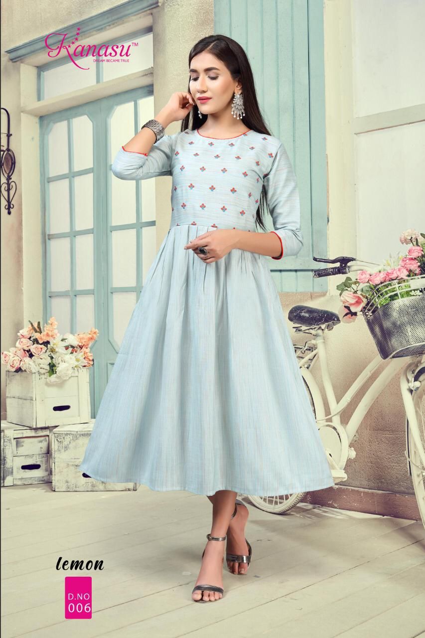 Kanasu Lemon Heavy Rayon Ethnic Wear Anarkali Long Designer Kurtis Collection
