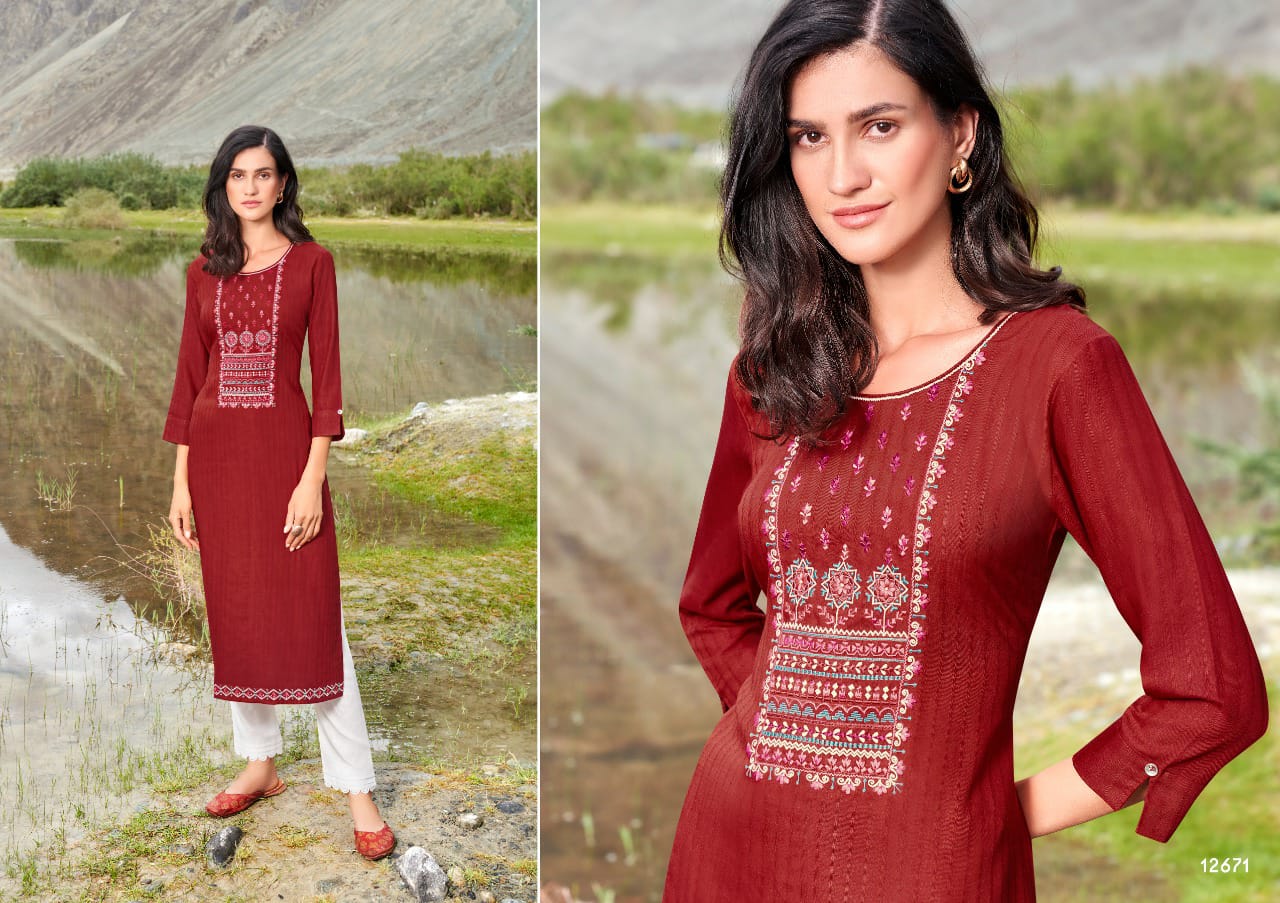 Kalaroop Beat Rayon With Embroidery Work Party Wear Designer Kurtis Collection
