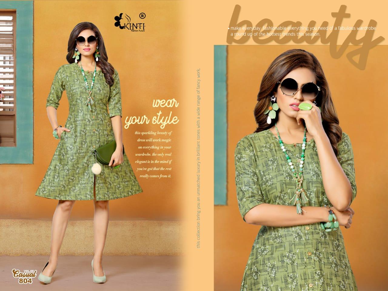 Kinti Casual 8 Latest fancy Designer Regular Wear Pocket Rayon Printed Kurtis Collection
