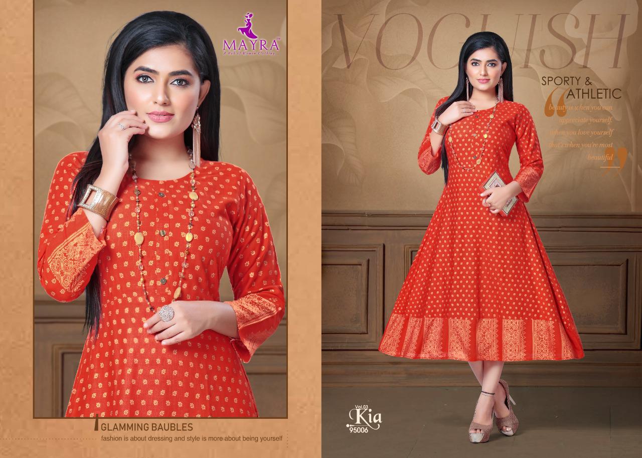 Mayra Kia 3 Latest Designer Party Wear Rayon Long Printed Kurti Collection 
