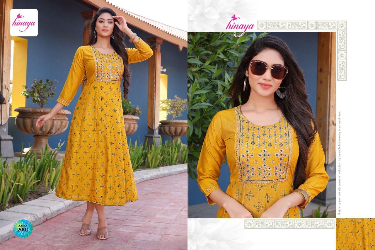 Hinaya Aaina 3 Rayon Printed Designer Ethnic Wear Anarkali Kurti Collection