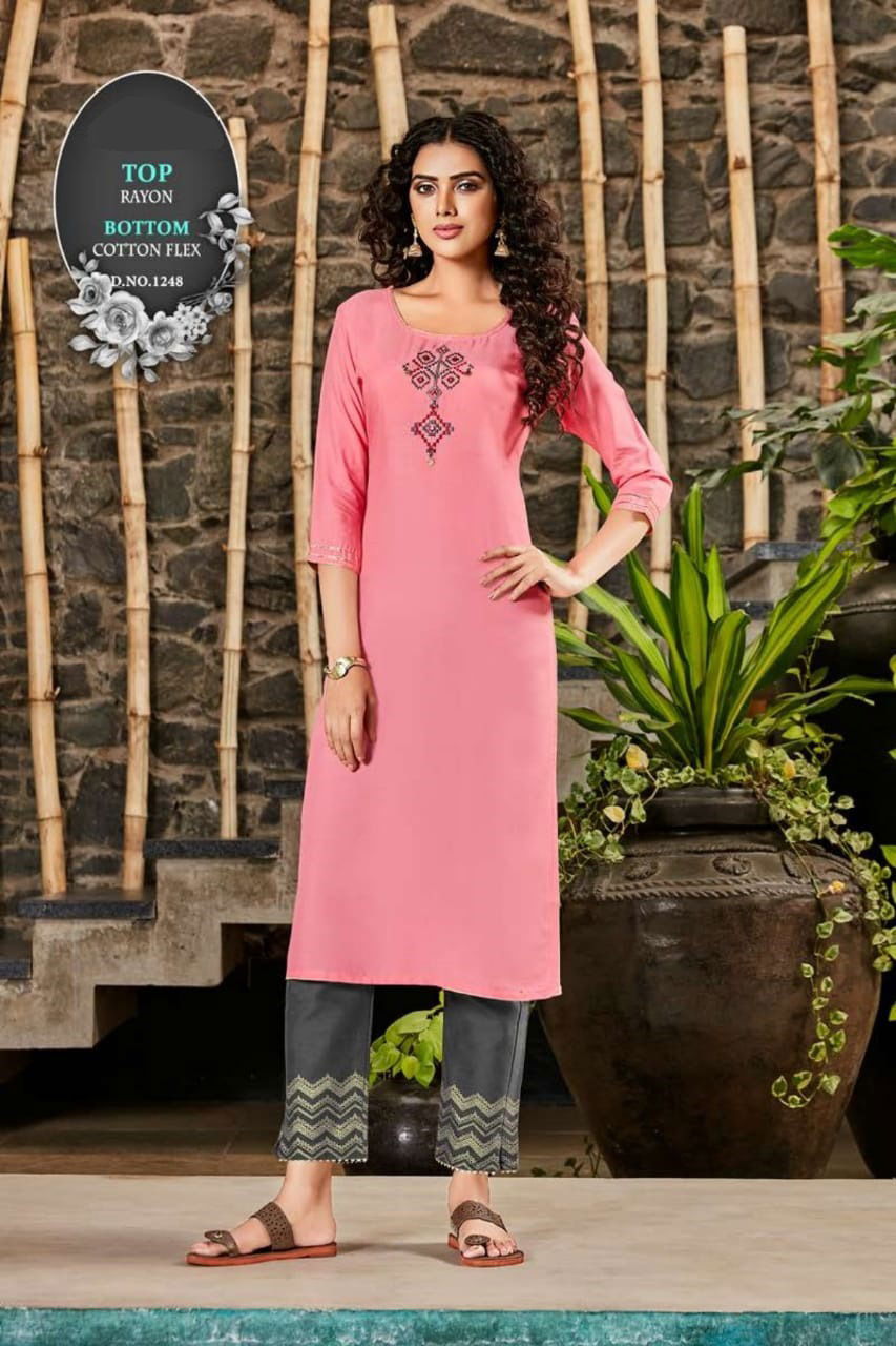 Pant 6 Desinger fancy latest Casual Wear Rayon Kurti With Bottom Collection

