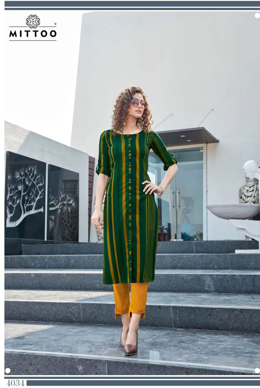 Mitto Mohini Weaving Strips Designer Party wear Kurtis with Rayon Slub Lycra Pant kurtis Collections