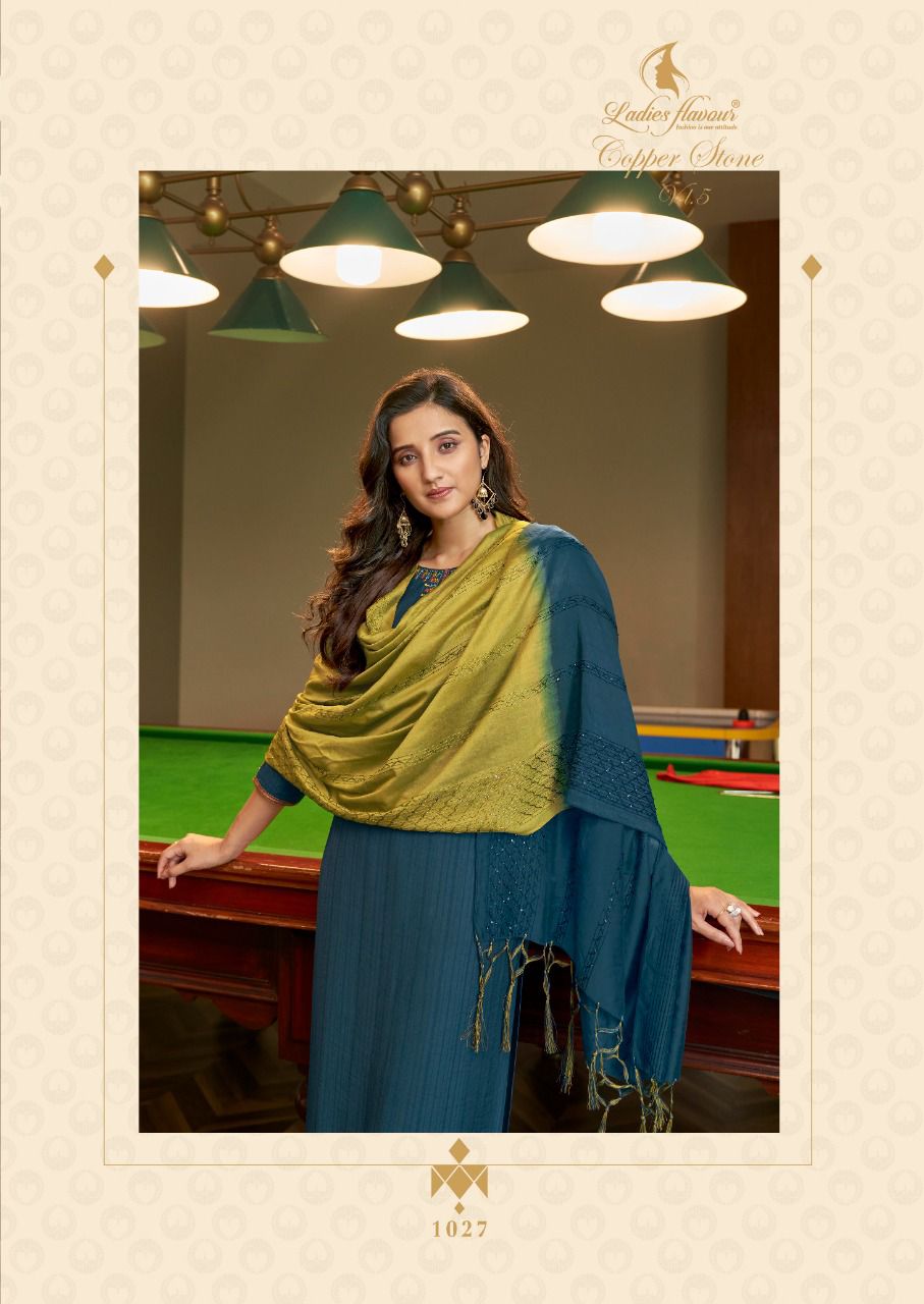 Ladies Flavour Copper Stone 5 Exclusive Designer Viscose With Embroidery With Khatli Work Readymade Collection
