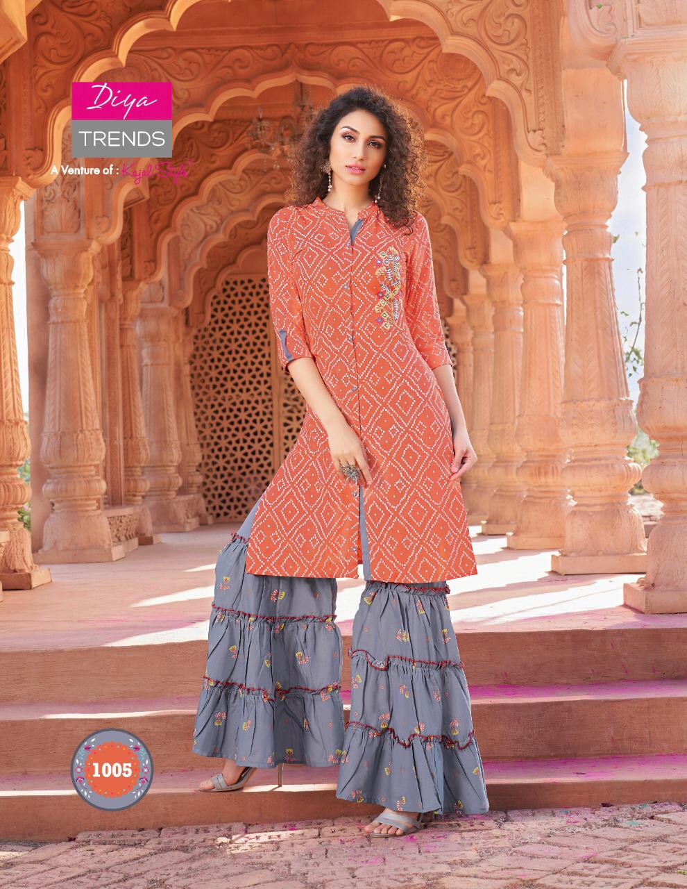 DIYA TRENDS LAUNCH NEW BANDHEJ VOL 1 BANDHANI PRINT DESIGNER EMBROIDERY KURTI WITH PLAZZO,PANT,SKIRT & SHARARA