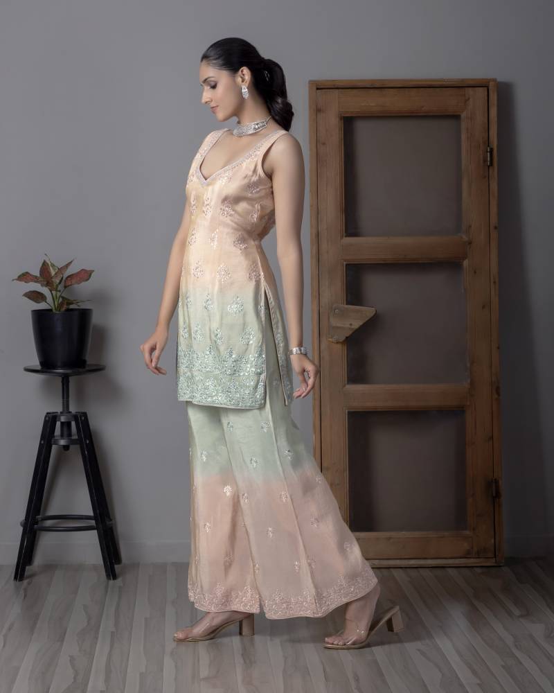 Tcs 113 Pink And Light Green Shaded Viscose Readymade Suit Wholesale In India
