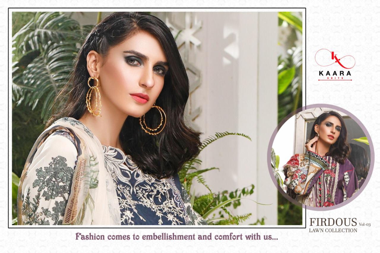 KAARA Firdous Lawn Collection Vol-3 Pure Cotton digital Print With Embroidery Work Designer Pakistani Dress Collections