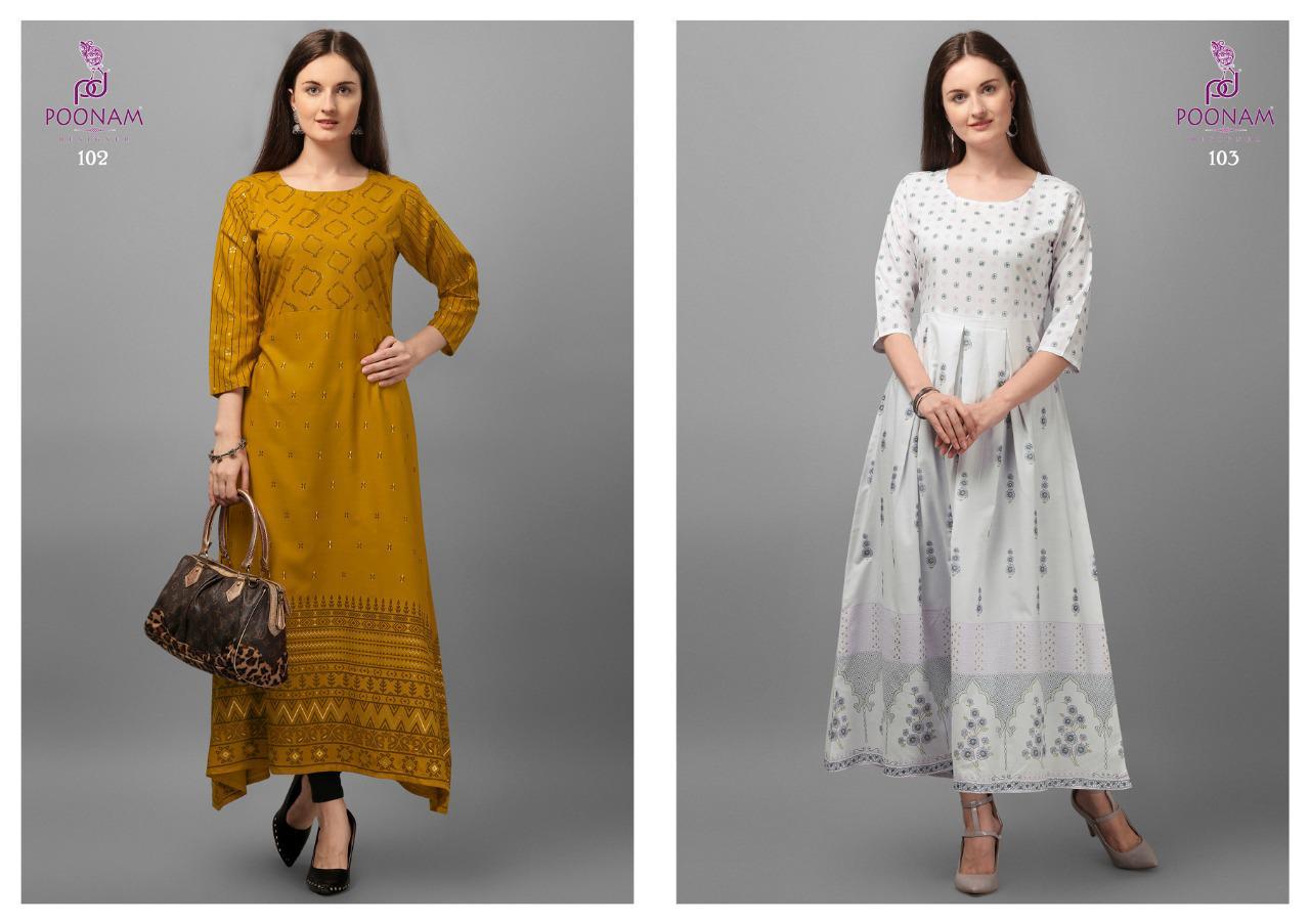 Poonam Moonila Latest Designer Party Wear Festive Wear Rayon Long Printed Kurtis Collection
