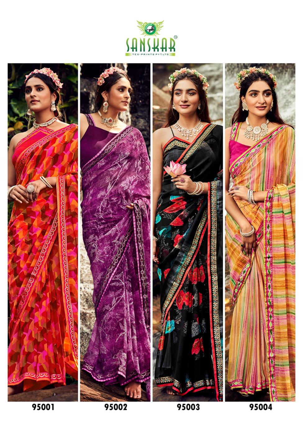 Saaj By Sanskar Printed Georgette Sarees Wholesale Clothing Distributors In India