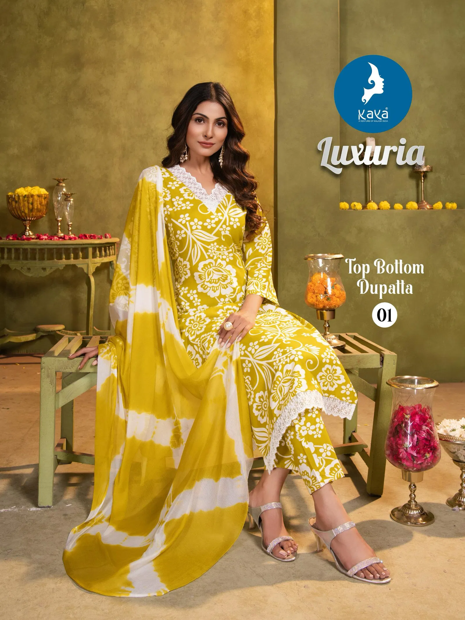 Luxuria By Kaya Rayon Printed Kurti With Bottom Dupatta Wholesale Price
