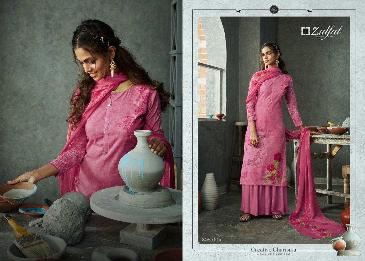 Zulfat Gulmohar 4 Designer Festive Wear Digital Print Top with four side lace Dupatta Pure cotton salwar Dress Material Collection