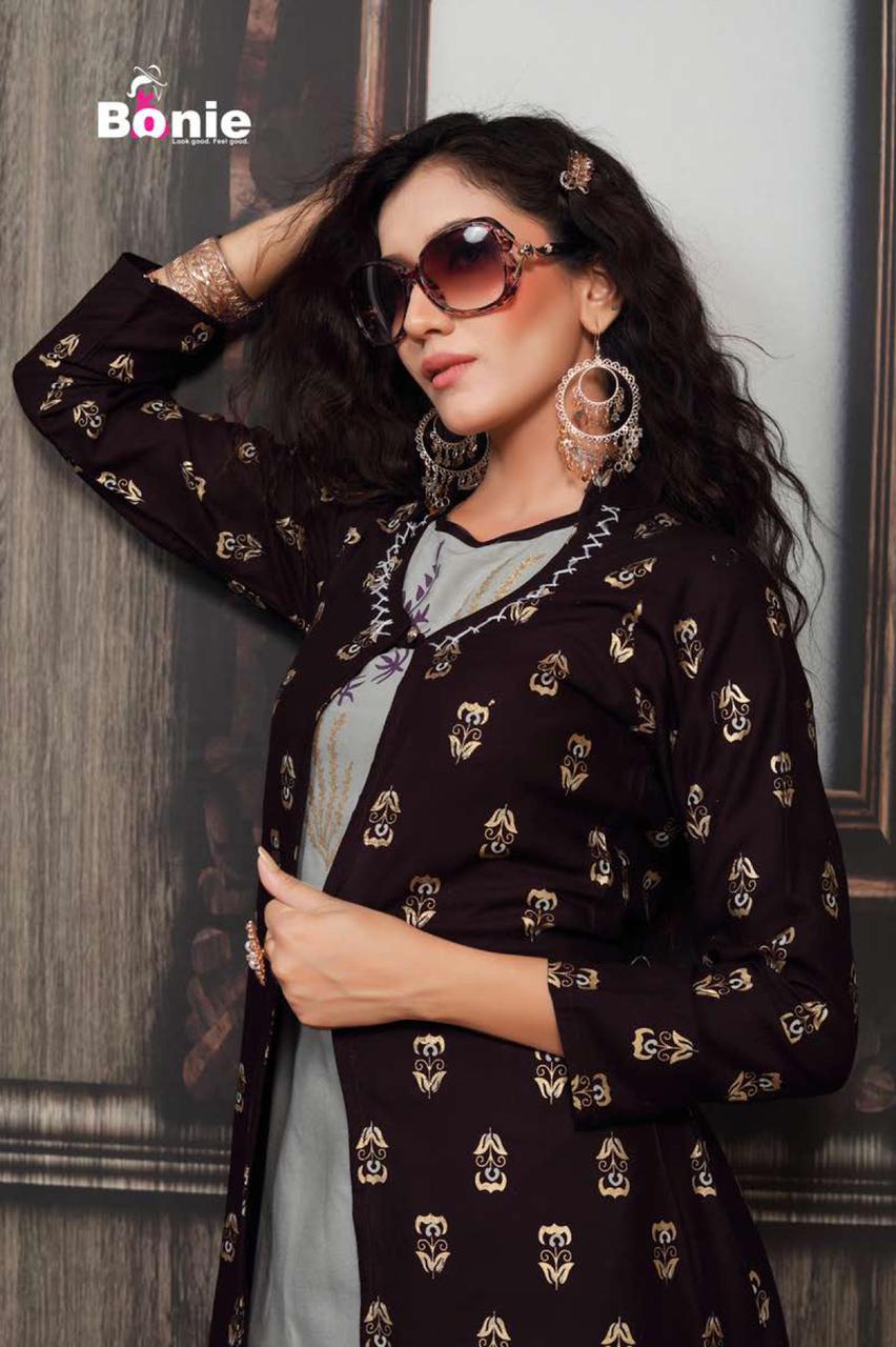 Bonie Jacket House Fancy Party Wear Jacket With Skirt rayon Printed Kurtis Collection
