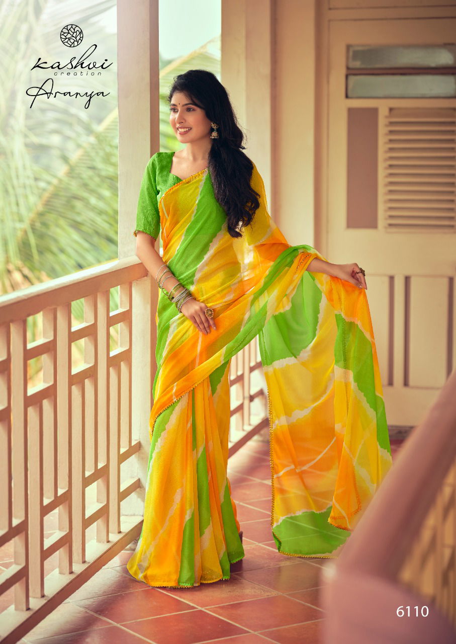 Kashvi Aranya Silk Chiffon With Goti Lace Printed Designer Saree Collection
