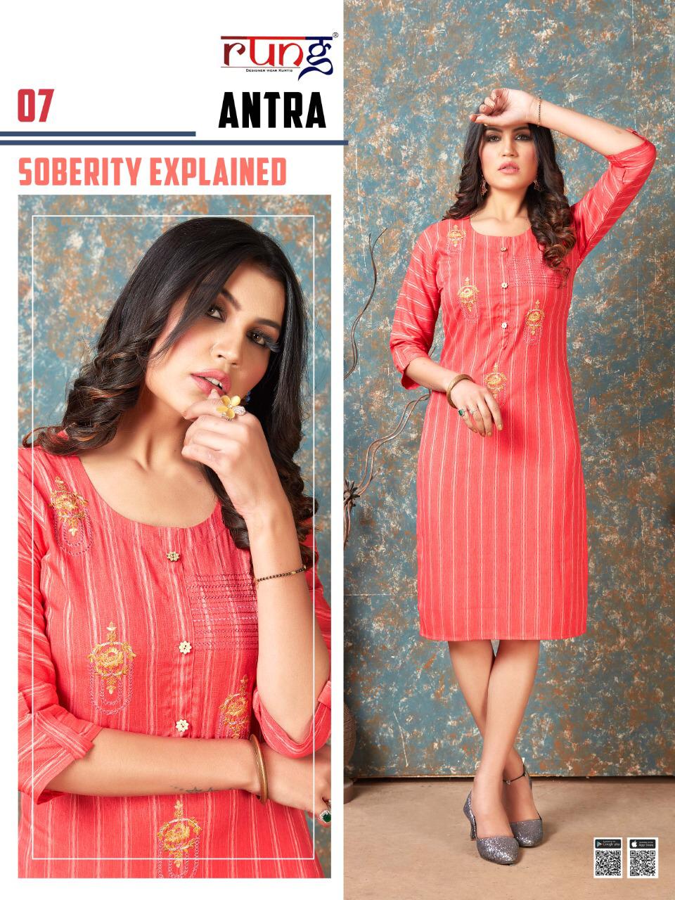 Rung Antra Latest fancy Designer Casual Wear Rayon With Embroidery Work Kurti Collection
