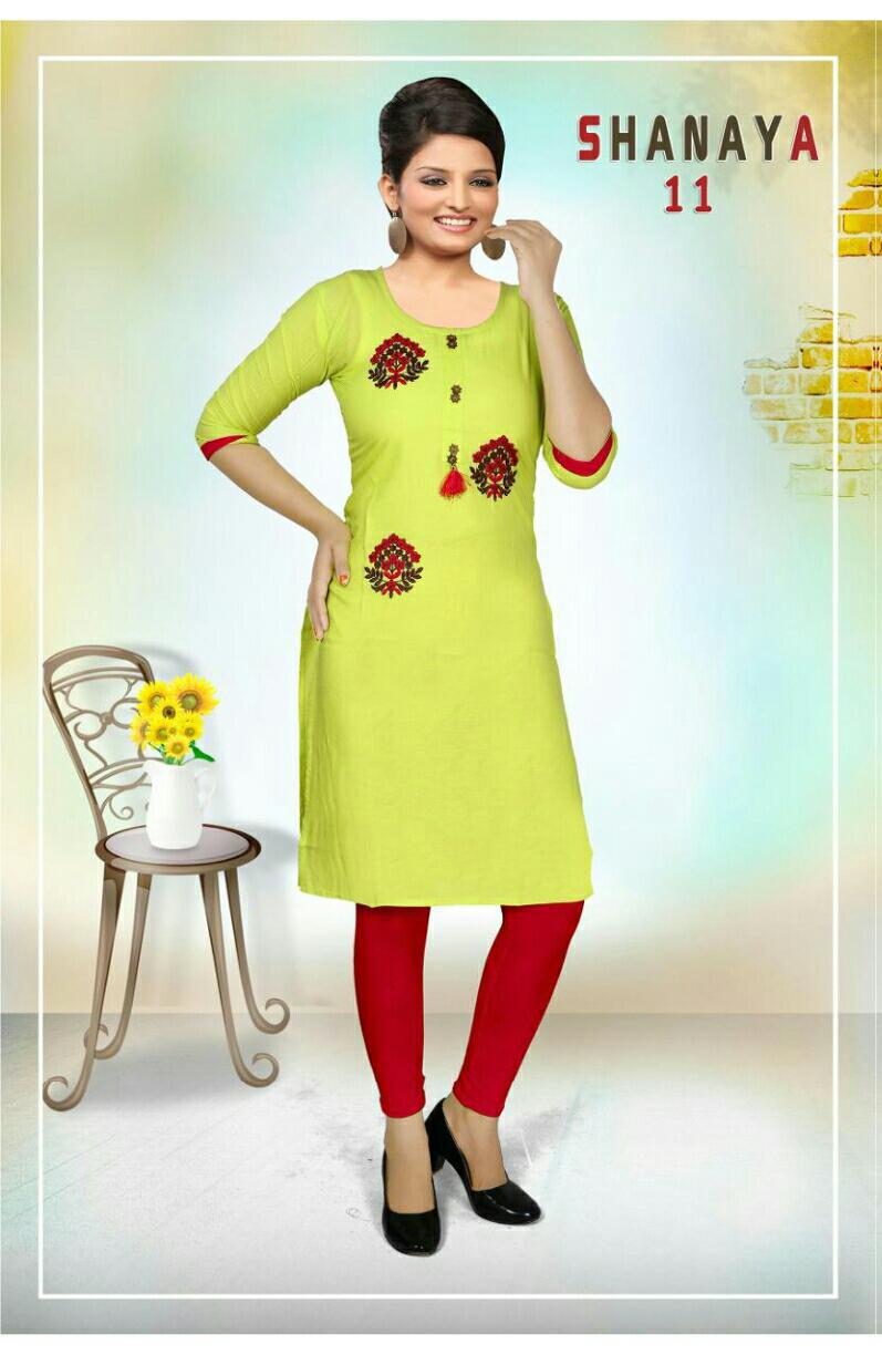 Trendy Shanaya Latest Designer Daily Wear Rayon Embroidery Work Kurtis Collection
