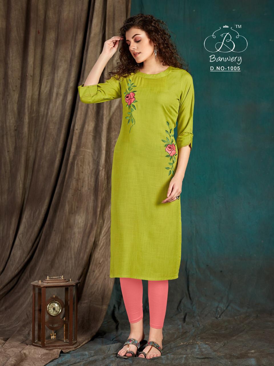 Banwery Taapsee Heavy Slub Rayon Airjet With  Embroidery Work Designer Kurtis Colections