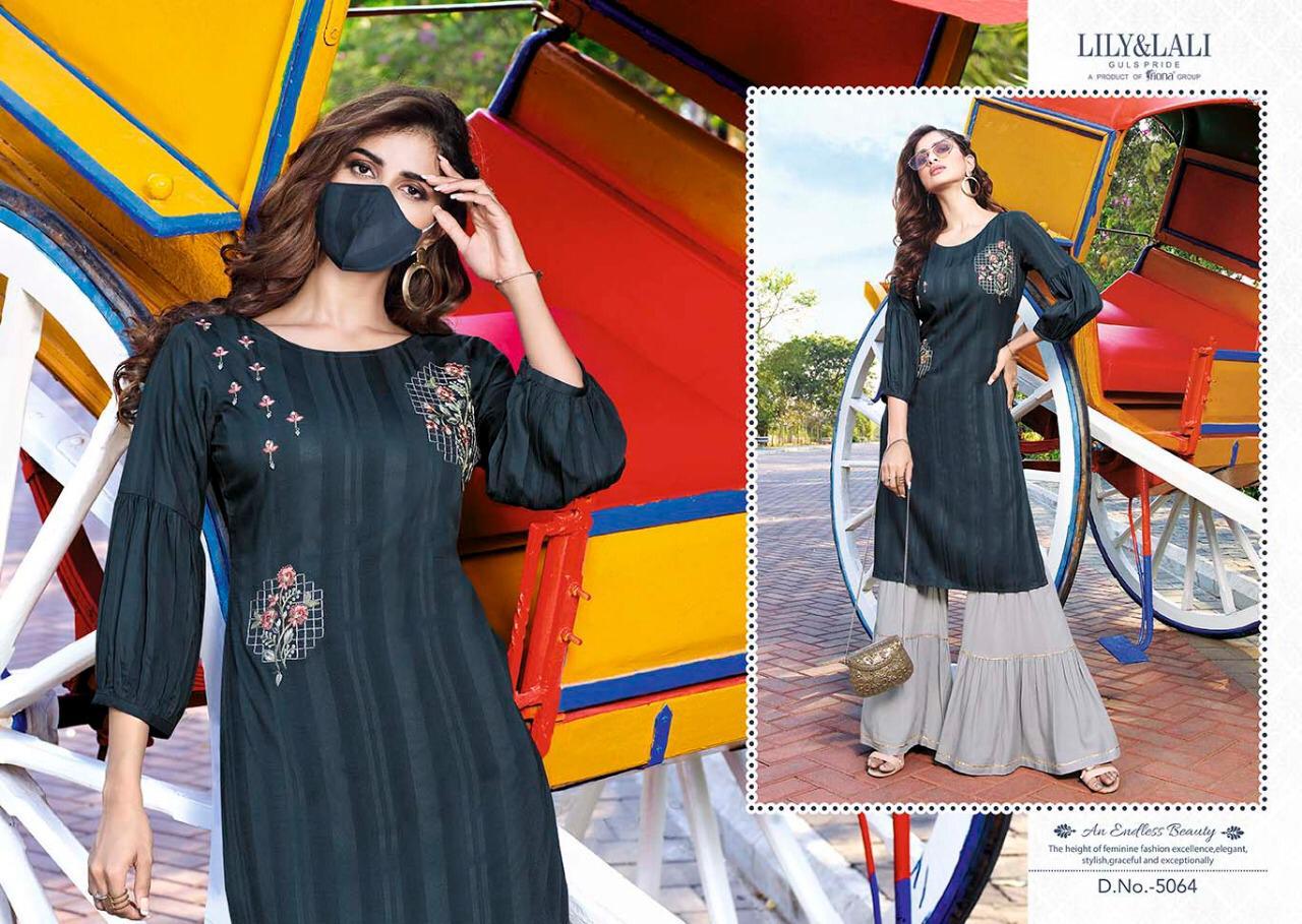 Lily & Lali Mystery Designer Partywear Fancy Rayon with Pattern Fabric Embroidery Kurtis with Gharara Collections