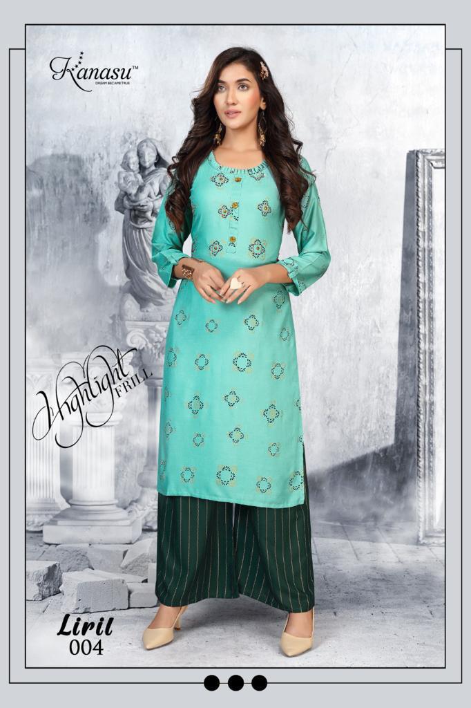 Kanasu Liril Fancy Ethnic Wear Rayon Printed Kurtis With Palzzo Collection
