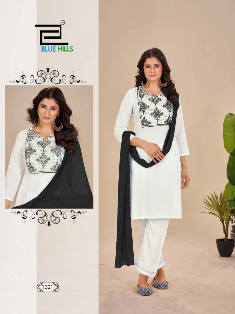 Black And White Vol 14 By Blue Hills Rayon Embroidered Kurti With Bottom Dupatta Wholesale