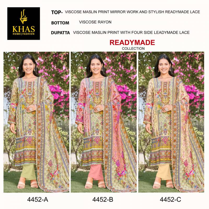 Khas 4452 Viscose Maslin Ready Made Pakistani Suits Wholesale Clothing Suppliers In India