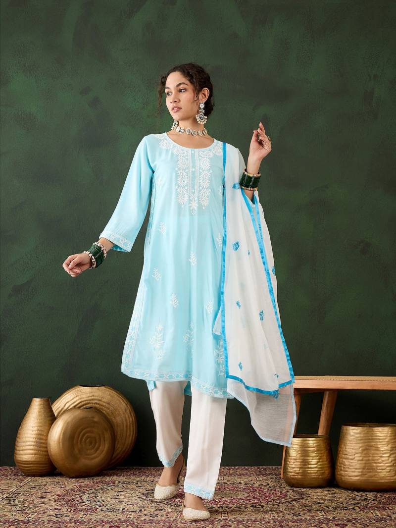 Color Set 8501 Rayon Chikankari Kurti Bottom With Dupatta Wholesale Price In Surat