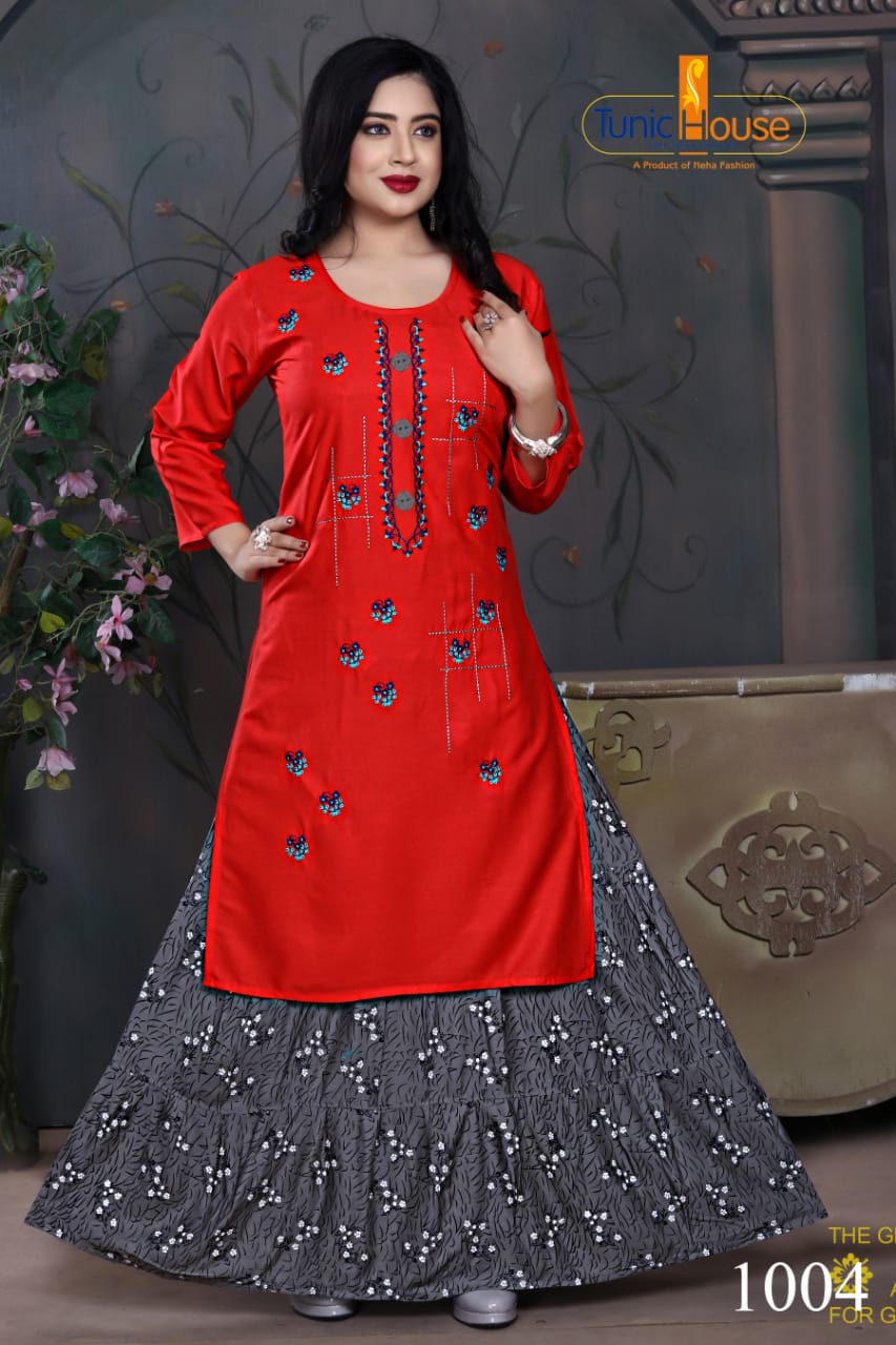 Tunic House Nexa 4 Embroidery Fancy Ethnic Wear Rayon With Embroidery Kurtis With Skirt Collection 
